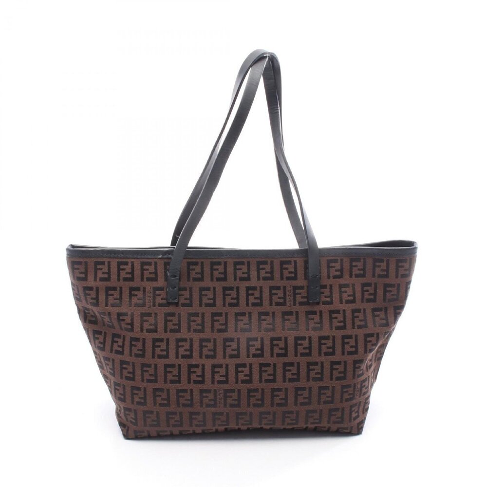 Fendi Zucchino Tote Canvas Leather Bag Black